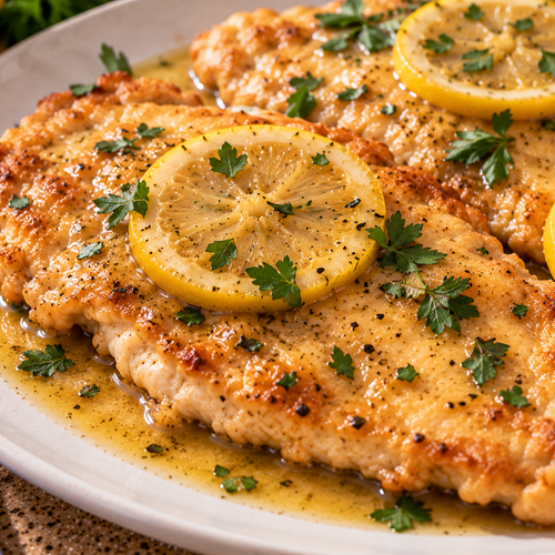 Create a realistic horizontal recipe step panel from the same Chicken Francese photography session. The image must contain TWO side-by-side photographs. LEFT PHOTO — Step 5: Show dry white wine being poured into the same skillet after the chicken has been removed. A wooden spoon should be scraping the browned bits from the bottom of the skillet. The liquid should begin bubbling naturally. Place only the number "5" inside the photograph. RIGHT PHOTO — Step 6: Show chicken broth and fresh lemon juice being added to the skillet, with thin lemon rounds visible in the sauce. The sauce should be gently simmering and slightly reduced. Place only the number "6" inside the photograph. Maintain the same skillet, countertop, lemon, utensils, lighting, and visual continuity. No written instructions, labels, captions, titles, or extra text. Realistic sauce texture, steam, liquid reflections, and lemon slices. Chicken Francese Recipe – Crispy, Lemon Butter Chicken