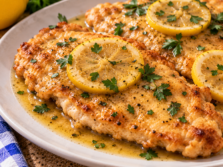 Create a realistic horizontal recipe step panel from the same Chicken Francese photography session. The image must contain TWO side-by-side photographs. LEFT PHOTO — Step 5: Show dry white wine being poured into the same skillet after the chicken has been removed. A wooden spoon should be scraping the browned bits from the bottom of the skillet. The liquid should begin bubbling naturally. Place only the number "5" inside the photograph. RIGHT PHOTO — Step 6: Show chicken broth and fresh lemon juice being added to the skillet, with thin lemon rounds visible in the sauce. The sauce should be gently simmering and slightly reduced. Place only the number "6" inside the photograph. Maintain the same skillet, countertop, lemon, utensils, lighting, and visual continuity. No written instructions, labels, captions, titles, or extra text. Realistic sauce texture, steam, liquid reflections, and lemon slices. Chicken Francese Recipe – Crispy, Lemon Butter Chicken